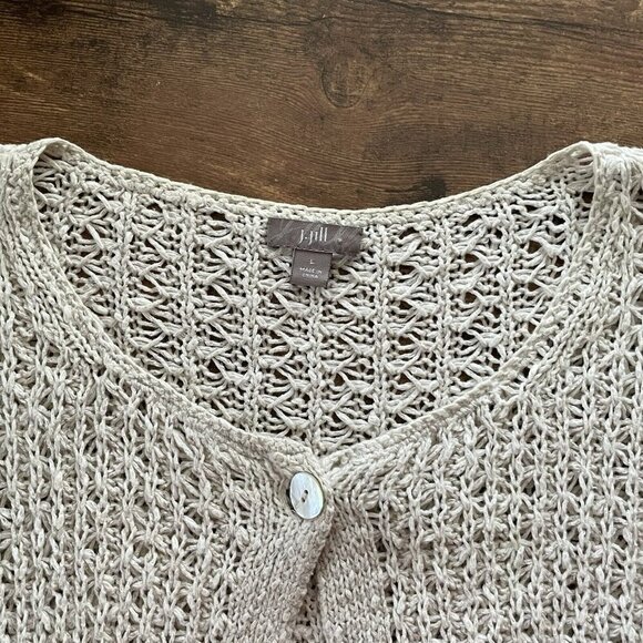 J Jill Women Cardigan Sz Large Oatmeal Cotton Linen Open Knit Coastal Minimalist - Picture 7 of 9